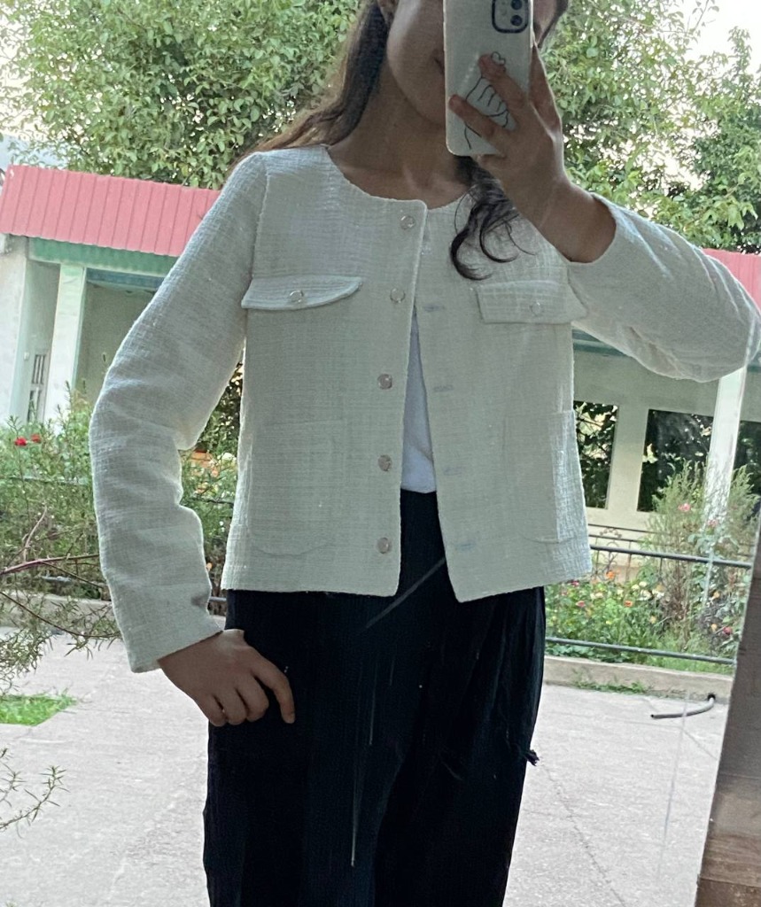 White tweed jacket designed and sewn by Shahzoda