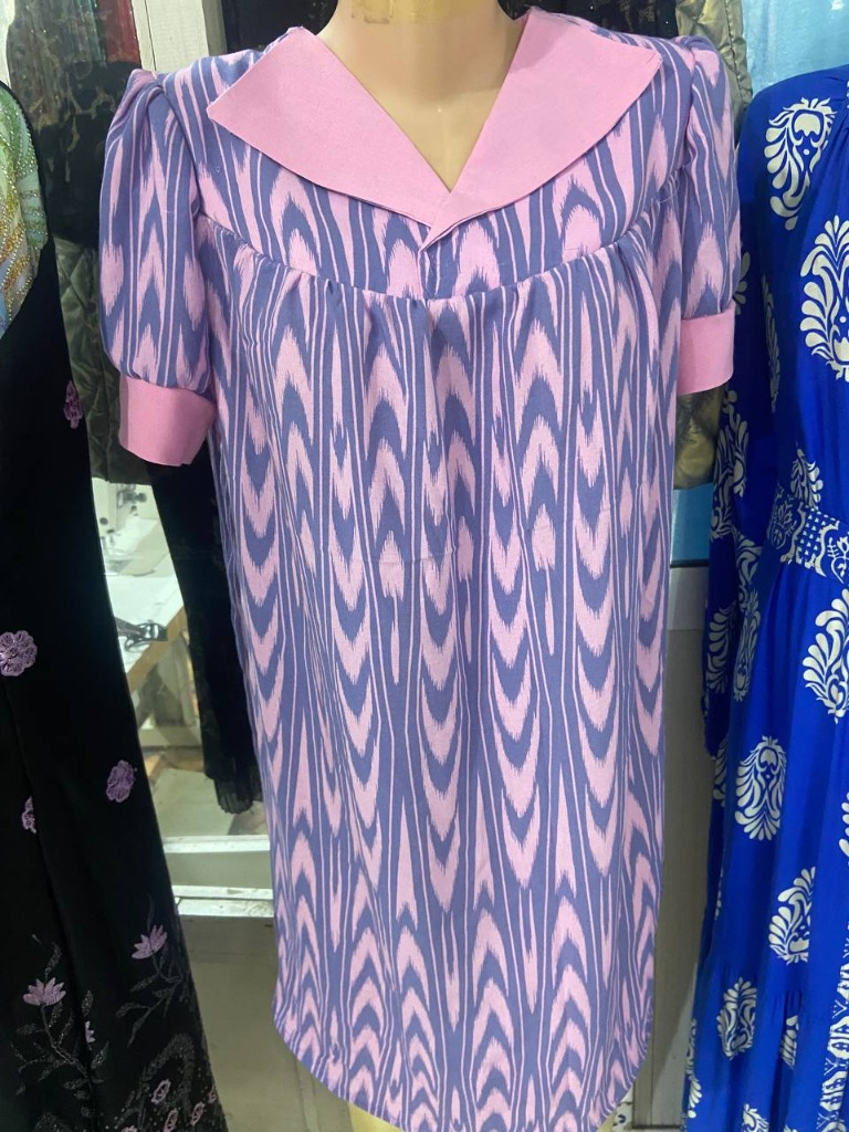Lilac and pink national adras dress sewn by Shahzoda
